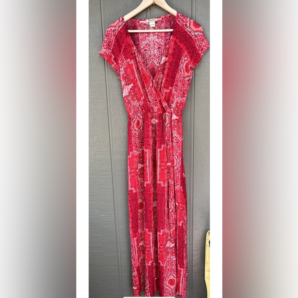 Lucky Brand Women's Boho Maxi Dress Short Sleeve Elastic Waist Red Wrap small